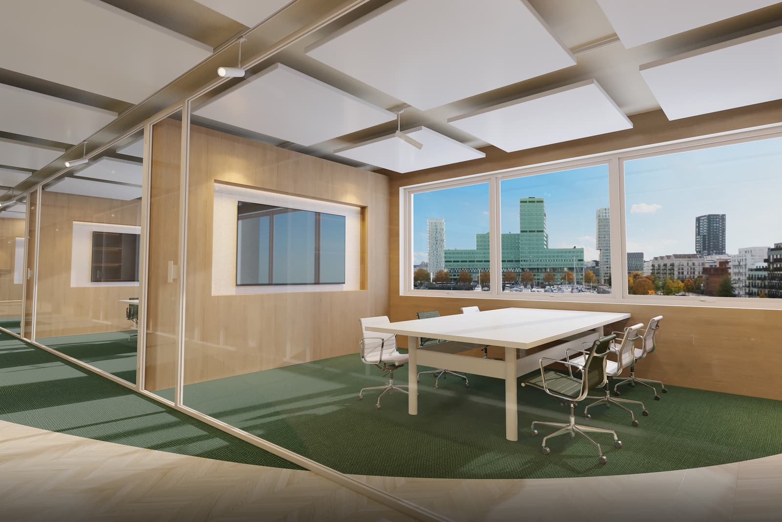 Interieurimpressie van een vergaderzaal in Dok View met zicht op het water